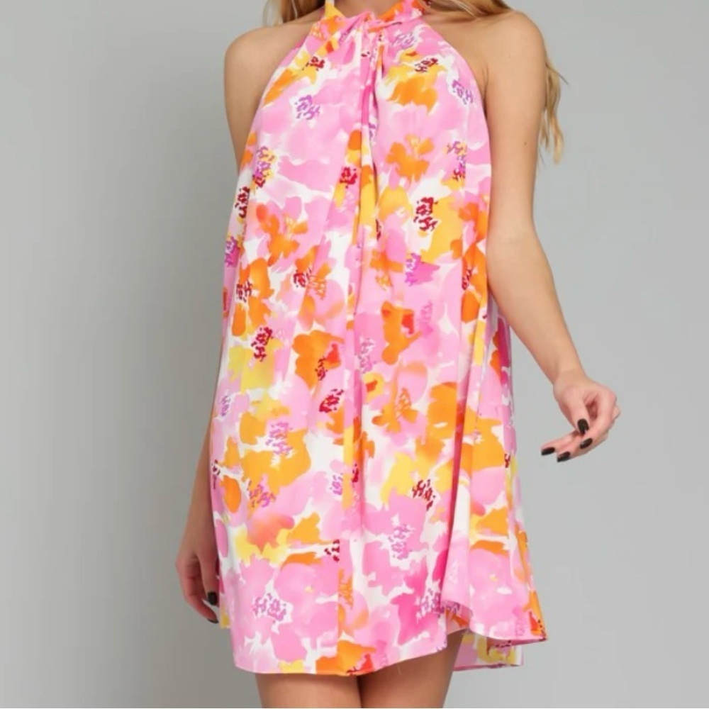 Aakaa Women’s Twist Front Colorful Abstract Floral Mini Dress, Size Medium